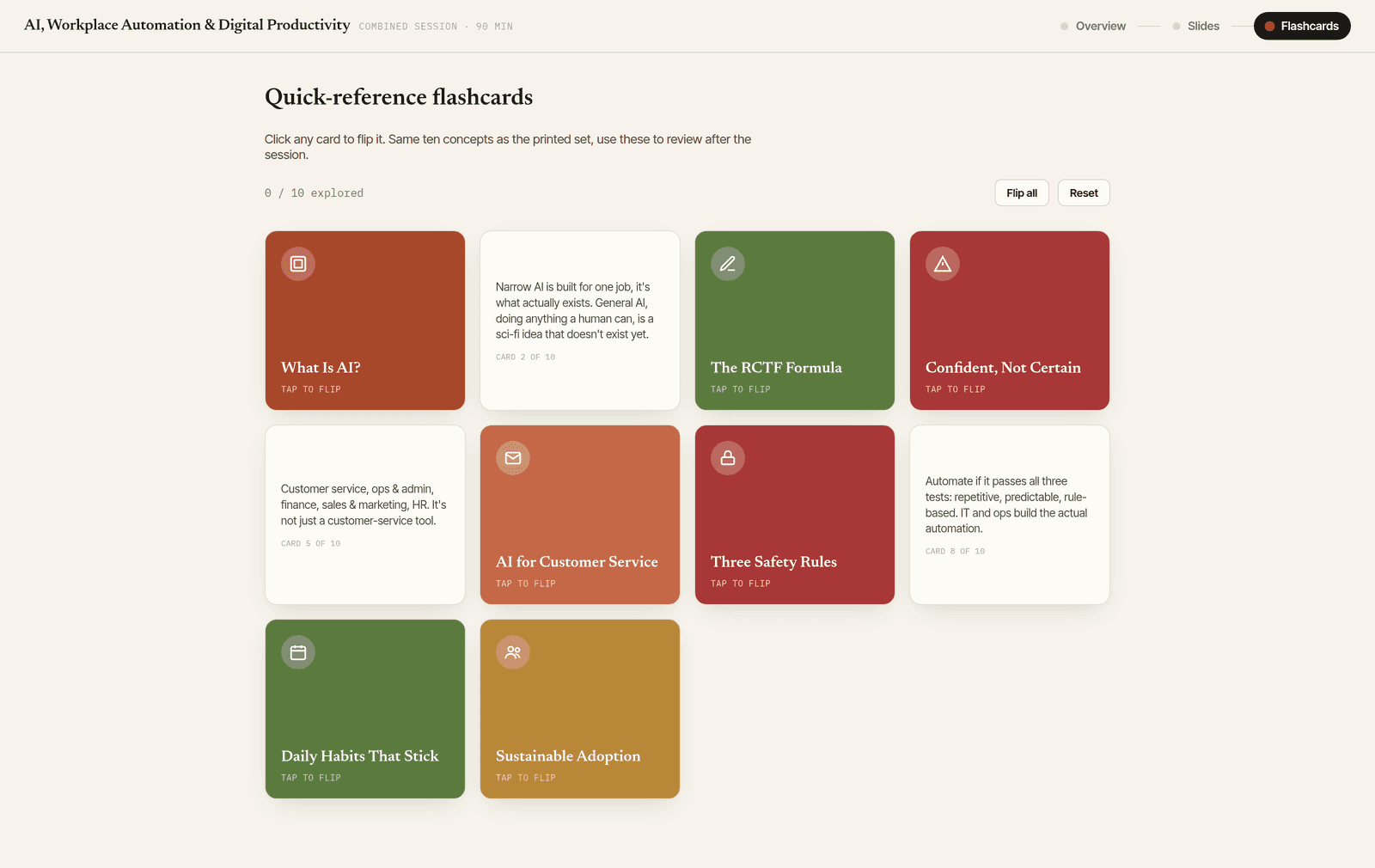 Training hub flashcards mode: ten flip cards covering the core concepts