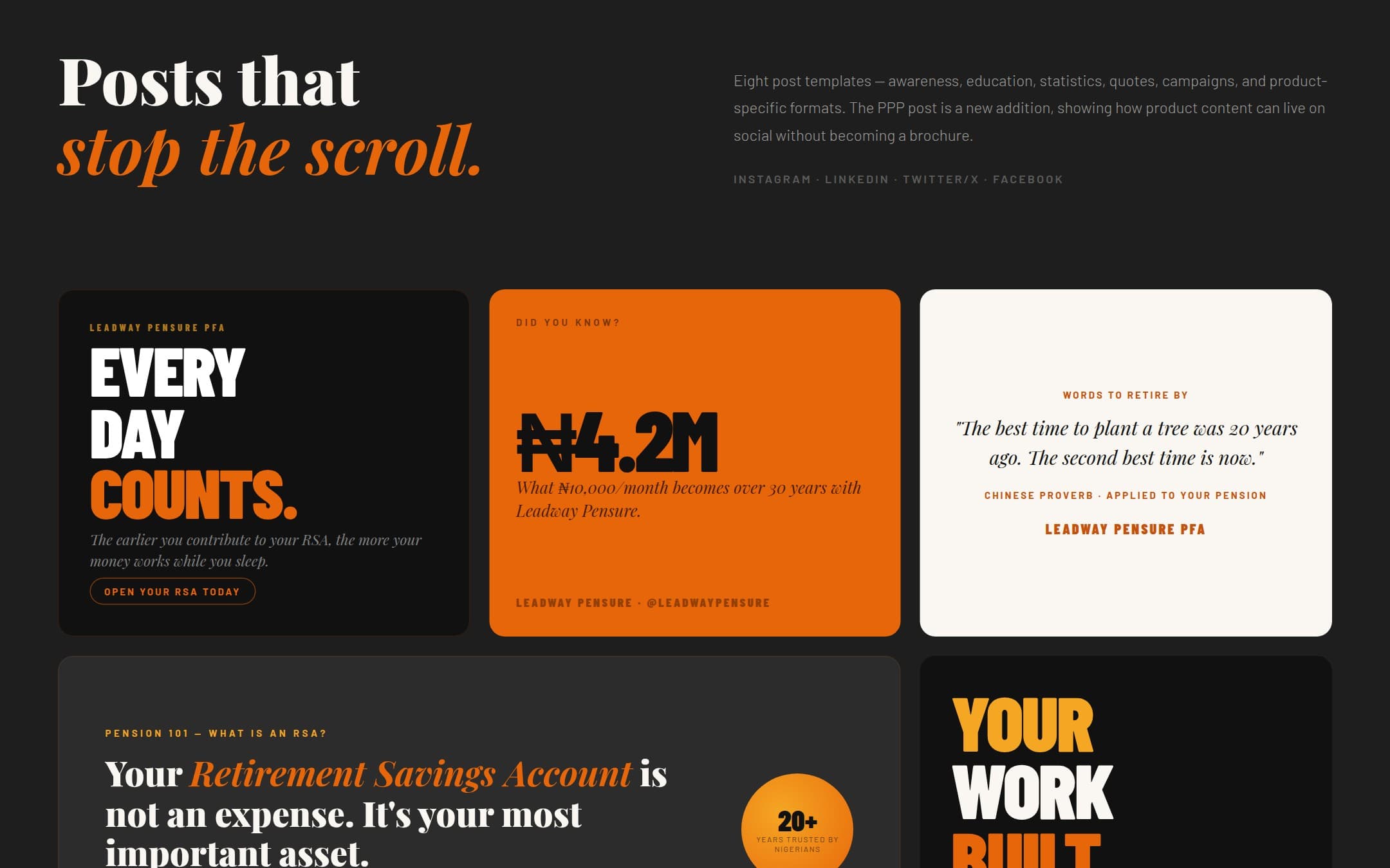 Leadway Pensure pitch: social post templates for Instagram, LinkedIn, X, and Facebook