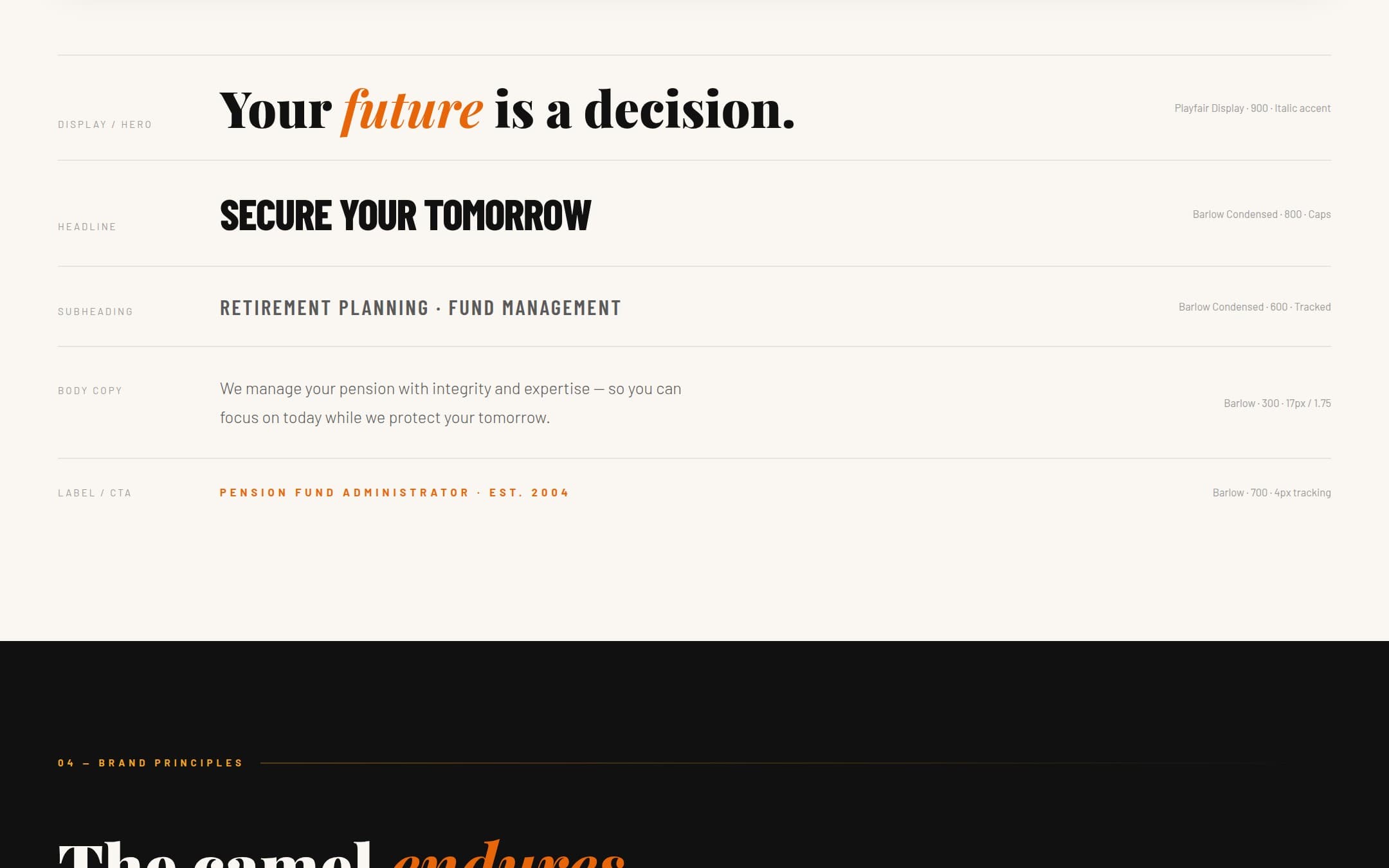 Leadway Pensure pitch: typography scale from display to CTA label