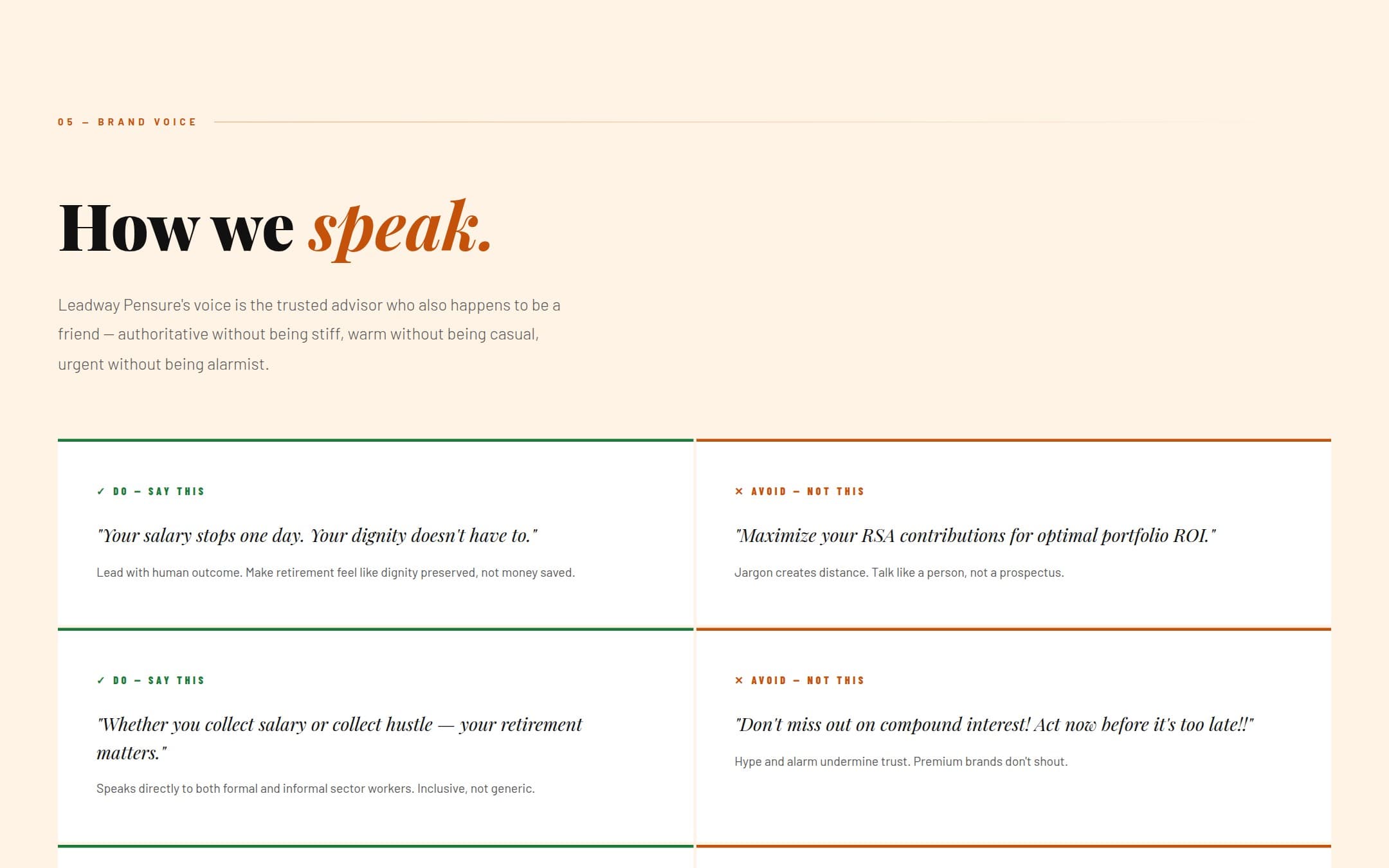 Leadway Pensure pitch: brand voice do/avoid examples