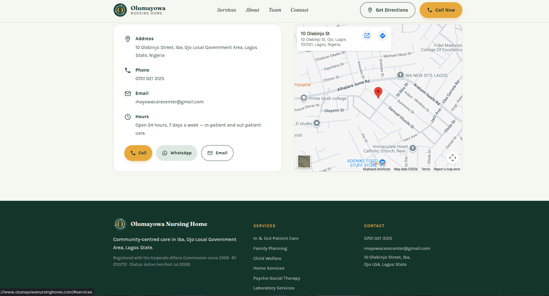 Olumayowa Nursing Home: contact section with map