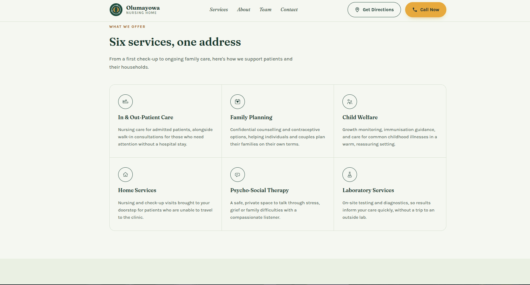 Olumayowa Nursing Home: six services grid